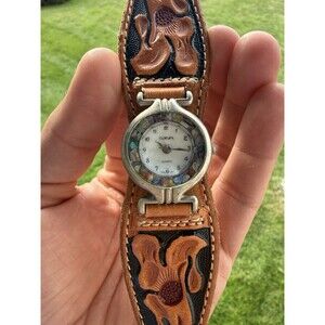 Vintage Cardini Quartz Watch Tooled Leather Western Cuff Stone Crystal As Is